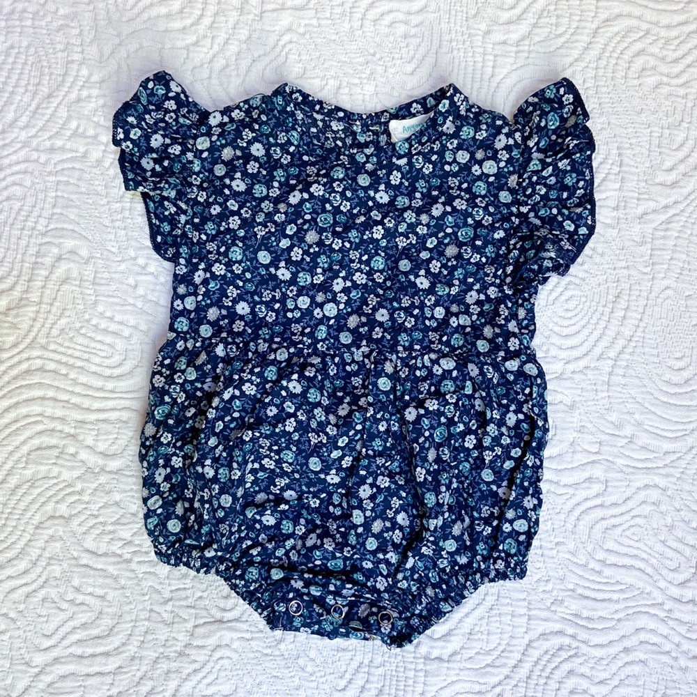 Angou Baby Blue Floral Ruffle Sleeve Romper
